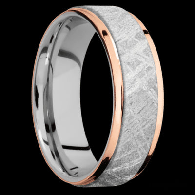 7 mm wide/Flat Grooved Edges/Cobalt Chrome band featuring inlays of Meteorite and 14K Rose Gold.