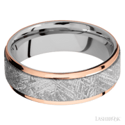 7 mm wide/Flat Grooved Edges/Cobalt Chrome band featuring inlays of Meteorite and 14K Rose Gold.