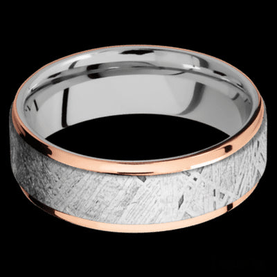 7 mm wide/Flat Grooved Edges/Cobalt Chrome band featuring inlays of Meteorite and 14K Rose Gold.