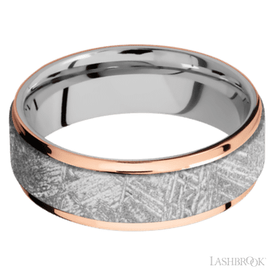7 mm wide/Flat Grooved Edges/Cobalt Chrome band featuring inlays of Meteorite and 14K Rose Gold.