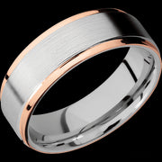 7 mm wide/Flat Grooved Edges/Cobalt Chrome band with two 1 mm Edge inlays of 14K Rose Gold.