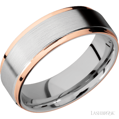 7 mm wide/Flat Grooved Edges/Cobalt Chrome band with two 1 mm Edge inlays of 14K Rose Gold.