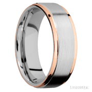 7 mm wide/Flat Grooved Edges/Cobalt Chrome band with two 1 mm Edge inlays of 14K Rose Gold.