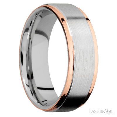 7 mm wide/Flat Grooved Edges/Cobalt Chrome band with two 1 mm Edge inlays of 14K Rose Gold.