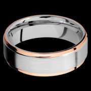 7 mm wide/Flat Grooved Edges/Cobalt Chrome band with two 1 mm Edge inlays of 14K Rose Gold.