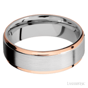 7 mm wide/Flat Grooved Edges/Cobalt Chrome band with two 1 mm Edge inlays of 14K Rose Gold.