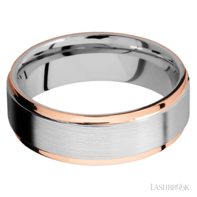 7 mm wide/Flat Grooved Edges/Cobalt Chrome band with two 1 mm Edge inlays of 14K Rose Gold.