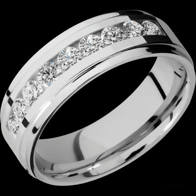 7 mm wide/Flat Grooved Edges/Cobalt Chrome band with an  arrangement of 9, .1 carat Round Diamond stones in a Channel setting.