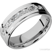 7 mm wide/Flat Grooved Edges/Cobalt Chrome band with an  arrangement of 9, .1 carat Round Diamond stones in a Channel setting.