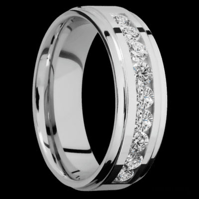 7 mm wide/Flat Grooved Edges/Cobalt Chrome band with an  arrangement of 9, .1 carat Round Diamond stones in a Channel setting.