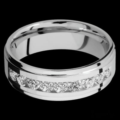 7 mm wide/Flat Grooved Edges/Cobalt Chrome band with an  arrangement of 9, .1 carat Round Diamond stones in a Channel setting.