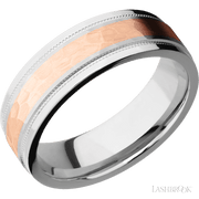 7 mm wide/Flat Stepped Edges Milgrain/Cobalt Chrome band with one 3 mm Centered inlay of 14K Rose Gold.