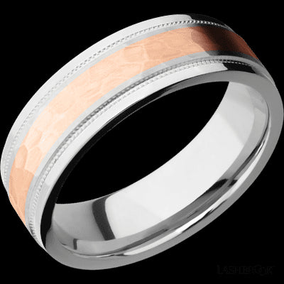 7 mm wide/Flat Stepped Edges Milgrain/Cobalt Chrome band with one 3 mm Centered inlay of 14K Rose Gold.