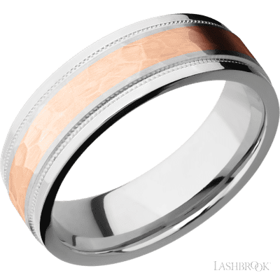 7 mm wide/Flat Stepped Edges Milgrain/Cobalt Chrome band with one 3 mm Centered inlay of 14K Rose Gold.