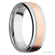 7 mm wide/Flat Stepped Edges Milgrain/Cobalt Chrome band with one 3 mm Centered inlay of 14K Rose Gold.