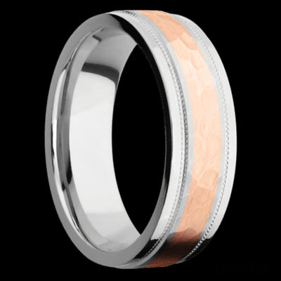 7 mm wide/Flat Stepped Edges Milgrain/Cobalt Chrome band with one 3 mm Centered inlay of 14K Rose Gold.