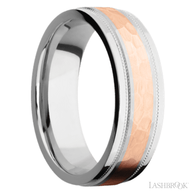 7 mm wide/Flat Stepped Edges Milgrain/Cobalt Chrome band with one 3 mm Centered inlay of 14K Rose Gold.