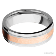 7 mm wide/Flat Stepped Edges Milgrain/Cobalt Chrome band with one 3 mm Centered inlay of 14K Rose Gold.
