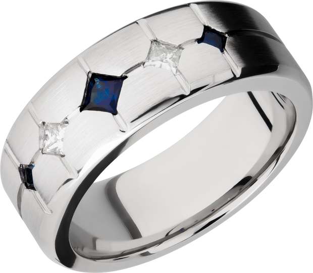 Cobalt chrome 8mm beveled band with 3 sapphires and 2 diamonds