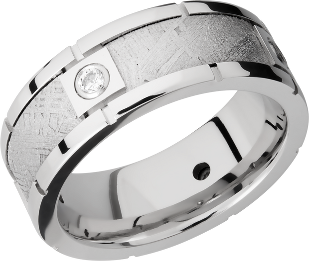 Cobalt chrome 8mm beveled band with four segments bezel-set with .07ct white diamonds in an inlay of authentic Gibeon Meteorite