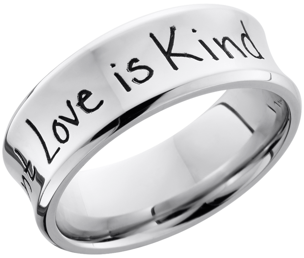 Cobalt chrome 8mm concave band with beveled edges and a laser-carved handwritten message