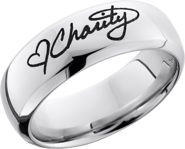 Cobalt chrome 8mm domed band with a laser-carved handwritten message