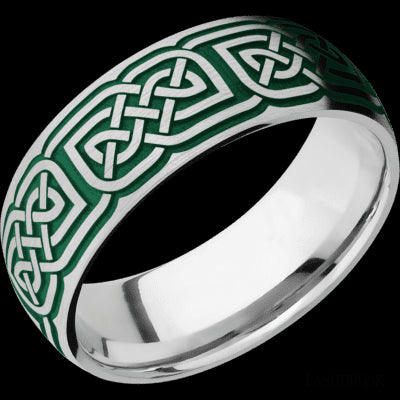 8 mm wide/Domed/Cobalt Chrome band with a laser carved Celtic 17 pattern.