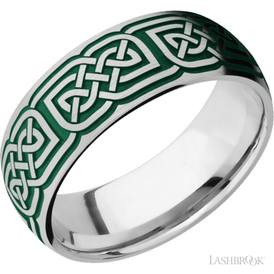 8 mm wide/Domed/Cobalt Chrome band with a laser carved Celtic 17 pattern.