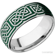 8 mm wide/Domed/Cobalt Chrome band with a laser carved Celtic 17 pattern.