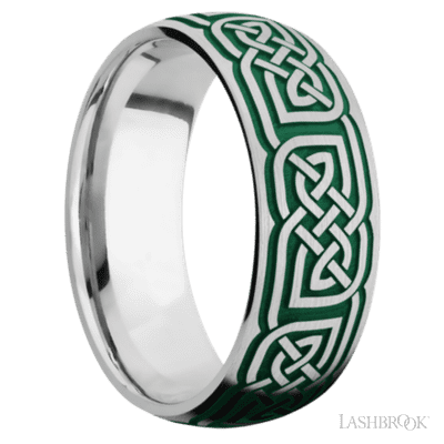 8 mm wide/Domed/Cobalt Chrome band with a laser carved Celtic 17 pattern.