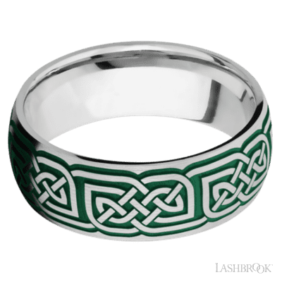 8 mm wide/Domed/Cobalt Chrome band with a laser carved Celtic 17 pattern.