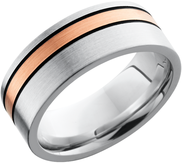 Cobalt chrome 8mm flat band with 1, 2mm off-center inlay of 14K rose gold and antiquing on either side