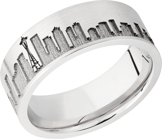 Cobalt chrome 8mm flat band with laser-carved Seattle skyline