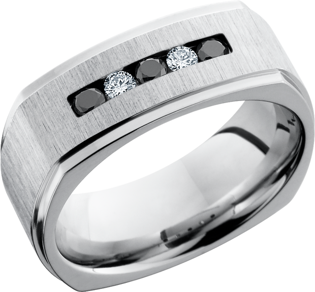 Cobalt chrome 8mm flat band with grooved edges featuring 3, .5ct black diamonds and 2, .5ct white diamonds