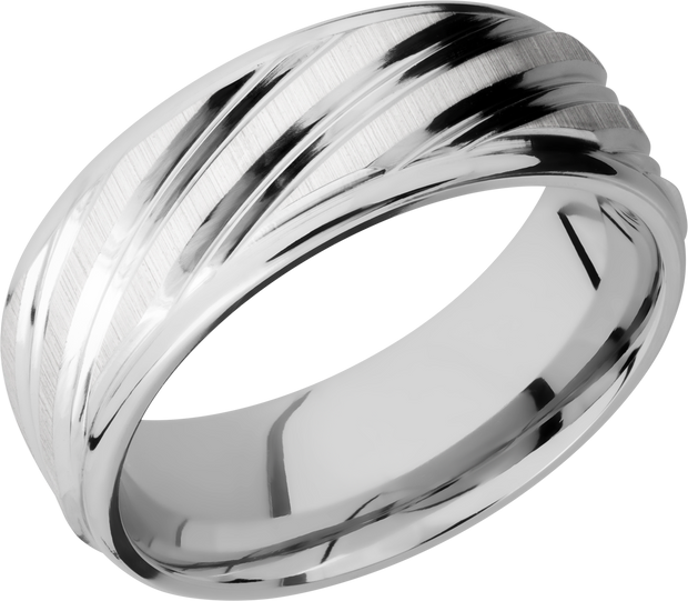 Cobalt chrome 8mm flat band with rounded edges and a laser-carved stripe pattern