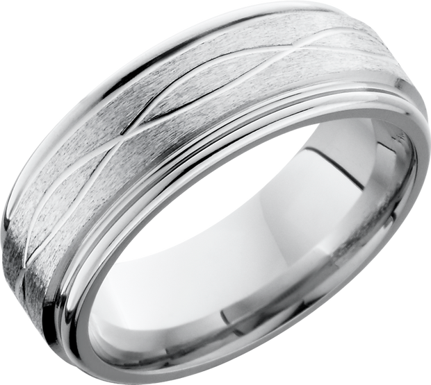 Cobalt chrome 8mm flat band with rounded edges and a laser-carved infinity pattern