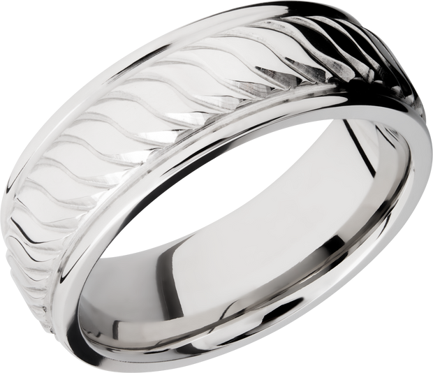 Cobalt chrome 8mm flat band with rounded edges and a laser-carved twist pattern