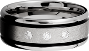 Cobalt chrome 9mm beveled band with black Cerakote in grooves and 3, .05ct flush-set diamonds