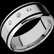 9 mm wide/Beveled/Cobalt Chrome band with  two 1 mm Wide inlays of Black and featuring an  arrangement of 3, .05 carat Round Diamond stones in a Flush setting