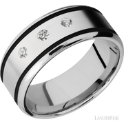 9 mm wide/Beveled/Cobalt Chrome band with  two 1 mm Wide inlays of Black and featuring an  arrangement of 3, .05 carat Round Diamond stones in a Flush setting