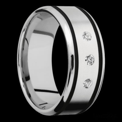 9 mm wide/Beveled/Cobalt Chrome band with  two 1 mm Wide inlays of Black and featuring an  arrangement of 3, .05 carat Round Diamond stones in a Flush setting