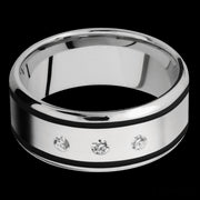 9 mm wide/Beveled/Cobalt Chrome band with  two 1 mm Wide inlays of Black and featuring an  arrangement of 3, .05 carat Round Diamond stones in a Flush setting