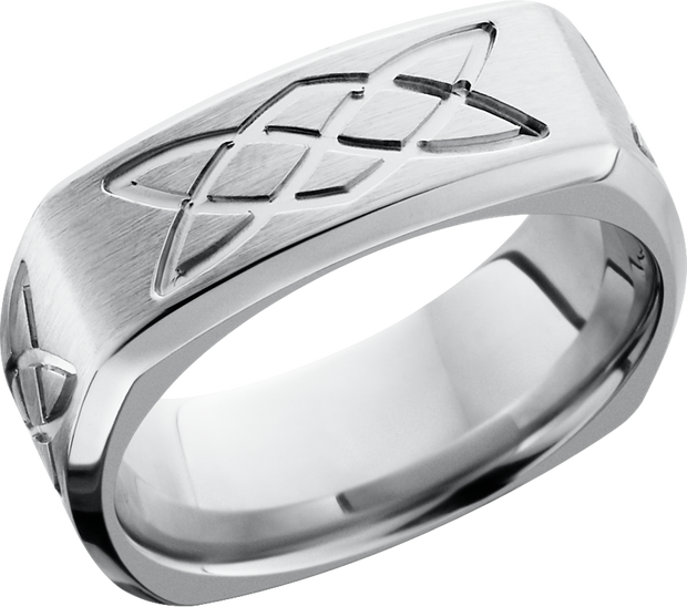 Cobalt chrome 9mm domed square band with a laser-carved lovers knot pattern