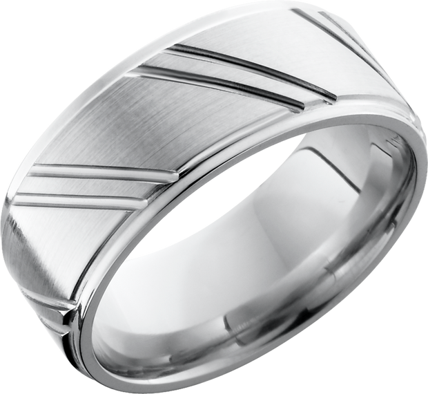 Cobalt chrome 9mm flat band with grooved edges and laser-carved stripes