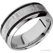9 mm wide/High Bevel/Cobalt Chrome band featuring inlays of Dinosaur Bone Black and Meteorite.