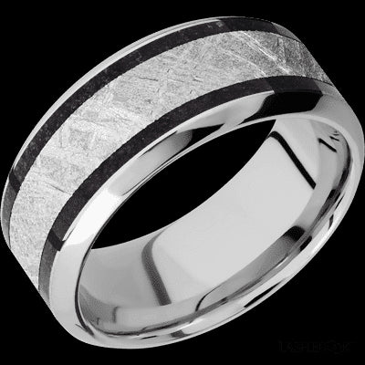 9 mm wide/High Bevel/Cobalt Chrome band featuring inlays of Dinosaur Bone Black and Meteorite.