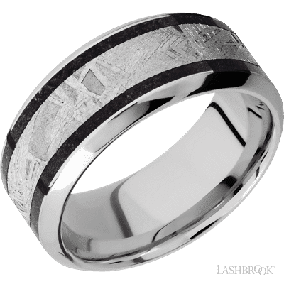 9 mm wide/High Bevel/Cobalt Chrome band featuring inlays of Dinosaur Bone Black and Meteorite.