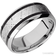 9 mm wide/High Bevel/Cobalt Chrome band featuring inlays of Dinosaur Bone Black and Meteorite.