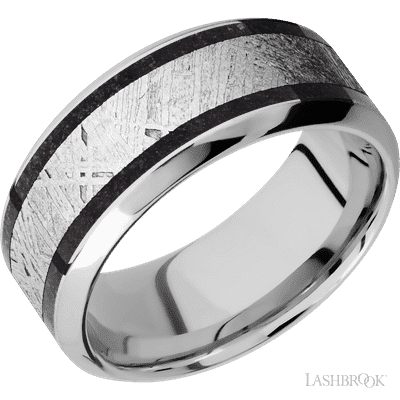 9 mm wide/High Bevel/Cobalt Chrome band featuring inlays of Dinosaur Bone Black and Meteorite.