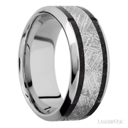 9 mm wide/High Bevel/Cobalt Chrome band featuring inlays of Dinosaur Bone Black and Meteorite.